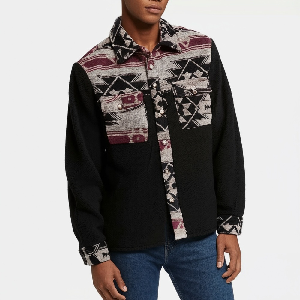 Mens Patterned Multi-Color Fleece Button Up Geometric Shacket Size Medium - Picture 2 of 5